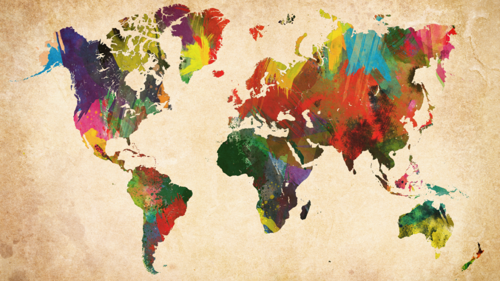Carte du monde colorée illustrant le voyage, la découverte et les différentes façons d'explorer le monde.