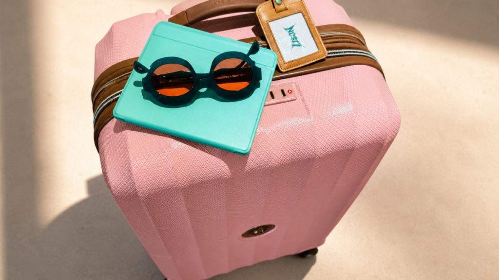 Valise rose avec Kobo et lunettes vertes aux verres roses, illustration d'un article sur le voyage, l'énergie et le besoin de rentrer chez soi.