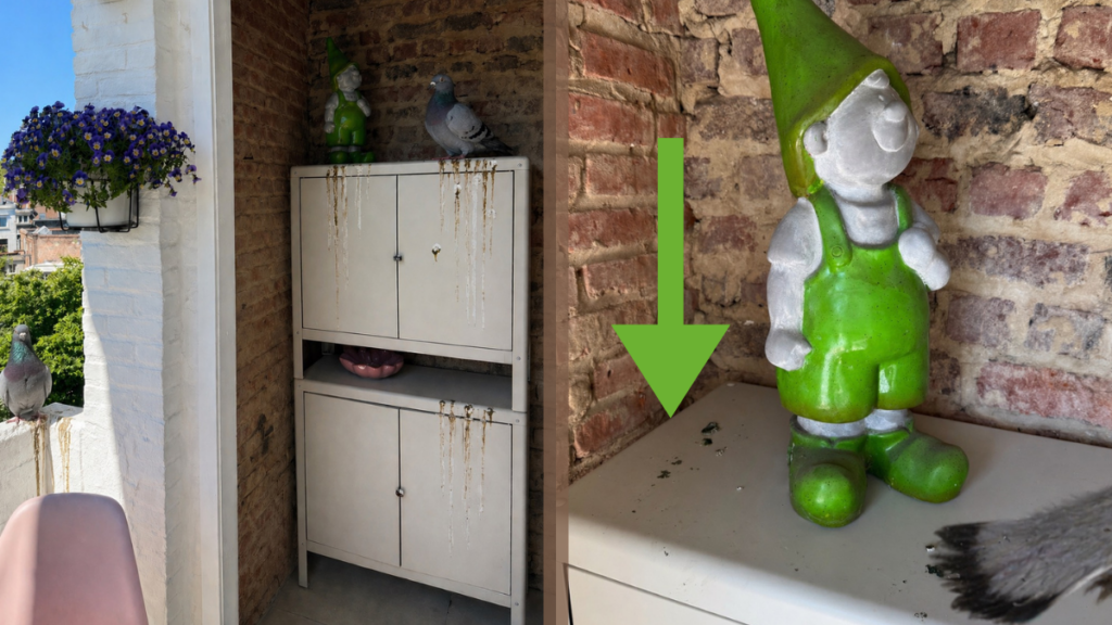 Pigeons sur un balcon en ville avec traces de saleté sur le mobilier extérieur.