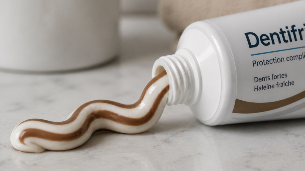 Dentifrice blanc avec des rayures brunes sortant d'un tube, illustration de l'influence des couleurs sur notre perception des produits.