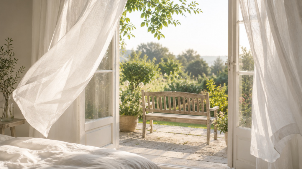 Fenêtre ouverte sur un jardin ensoleillé. Après des années de douleurs chroniques liées à l'endométriose, il reste enfin de la place pour regarder vers l'avenir.