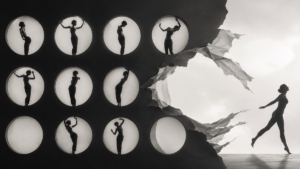 Silhouettes féminines enfermées dans des cercles blancs sur fond noir, avec un cercle vide évoquant une libération.