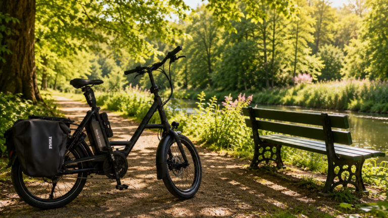 Balade à vélo dans un parc boisé, illustration de l'article Fitbit Air : mon avis après quelques jours.