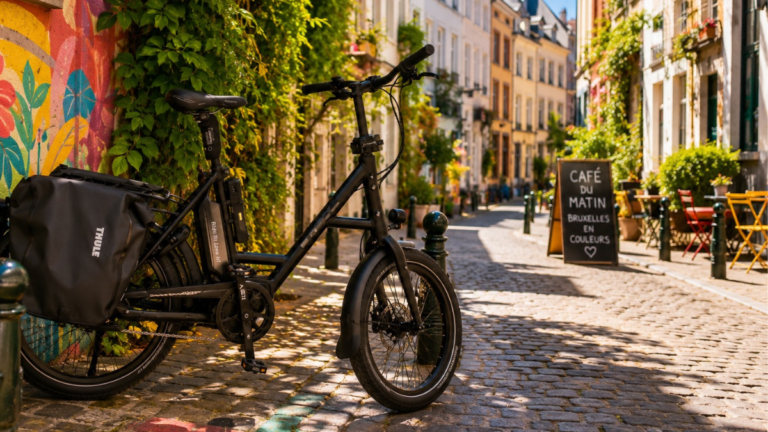 Vélo électrique dans une rue colorée de Bruxelles, illustration de mon avis sur Fitbit Air après 1 mois d'utilisation.