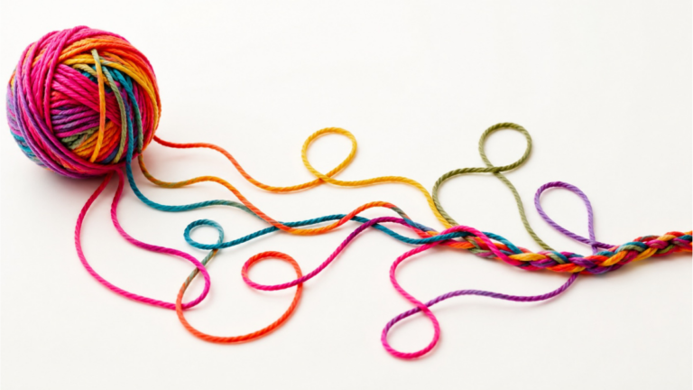 Pelote de laine multicolore dont les fils se rejoignent pour symboliser le cheminement personnel souvent associé à la crise de la cinquantaine.