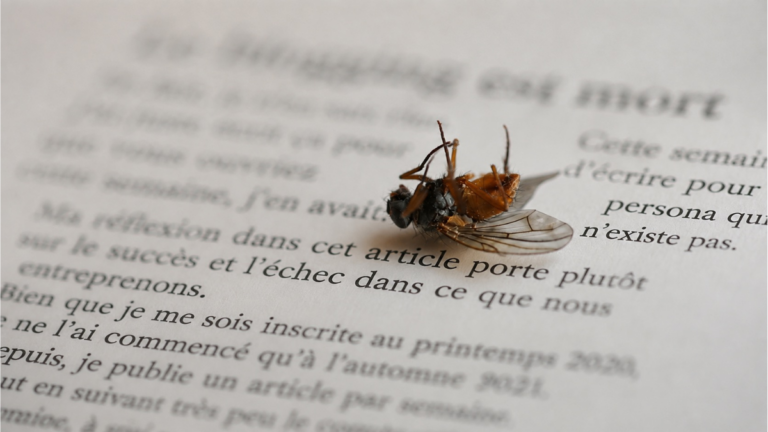 Mouche morte de vieillesse sur un article de blog consacré au succès et à l'échec.
