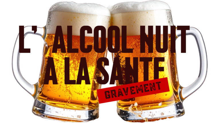 Deux chopes de bière avec le message « L’alcool nuit gravement à la santé »